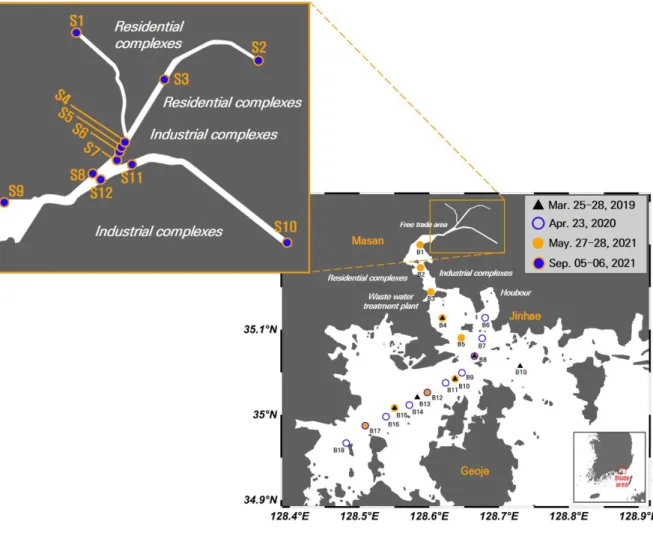 Figure 2. Maps showing the sampling stations in Masan-Jinhae Bay in March 2019, April 2020, May  2021, and September 2021