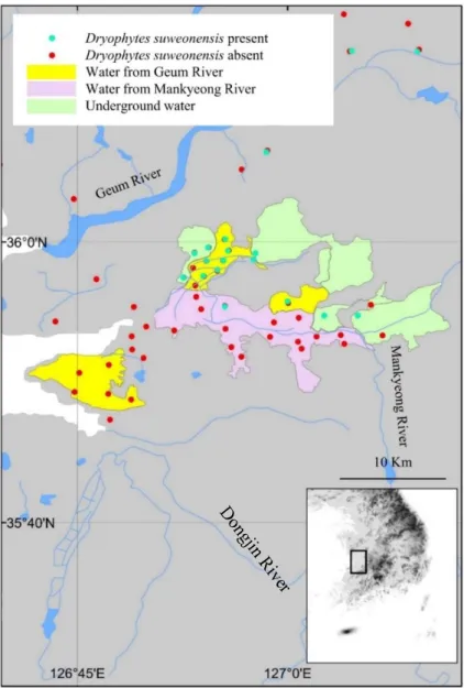 Figure  1.2. Relationship  between  flood  water  origin  and  species  presence. Most  of  the  flood water matching with the occurrence of  Dryophytes suweonensis originated from the  Geum River (53.3 %), followed by underground water (40 %), while the r