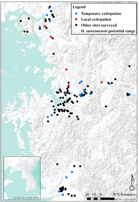 Figure  3.1. Location  of  the  survey  sites,  local,  and  temporary  extirpations.  The  species  range  is  drawn  from  Borzée  et  al