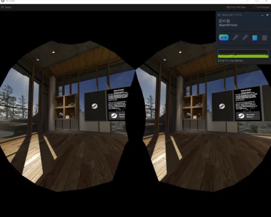 그림  7. Steam VR의  구동  화면  및  HMD  내부에  구현된  가상  환경 