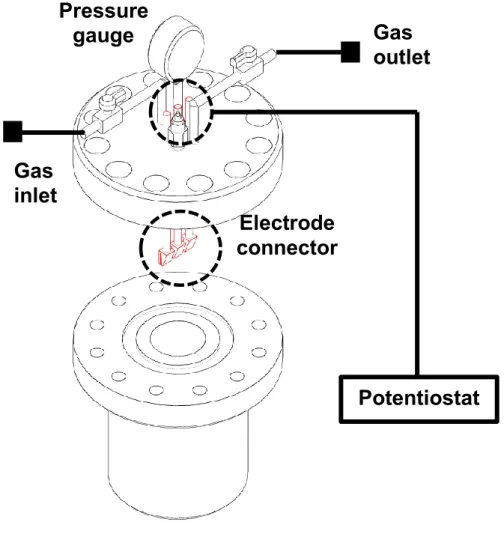 Figure 2.3 The draft of High pressure cell. It has gas outlet and inlet, pressure  gauge, and electrode connector The distance between the working electrode  and counter electrode was 2.5cm and volume of the cell was 135ml 