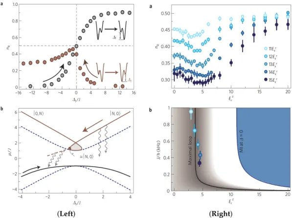 Figure 8. (Left) (a) Transfer efficiency n R from filled to unfilled well (tube) as a function of the energy detuning for ground state sweep (gray dots) and excited state sweep (red dots) for constant sweep rate of 2πJ 2 /¯ h | α | = 2.1 ( 1 ) ; (b) Adiaba