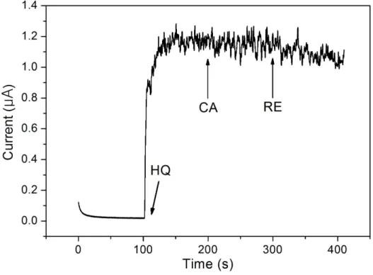 Figure  10.  Amperometric  response  of  the  G-LDH/GCE  to  the  sequential  addition  of  25μM  HQ,  25μM  CA  and  25μM  RE  under  stirring  0.1M  PBS  (pH=6.5)