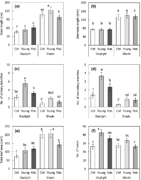 Fig.  3-2.  Variations  in  morphological  traits  among  treatments  in  the  mesocosm  experiment