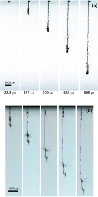 Fig. 3.4. Sequential images of microjet for Er:YAG (a) and Nd:YAG (b)  cases 