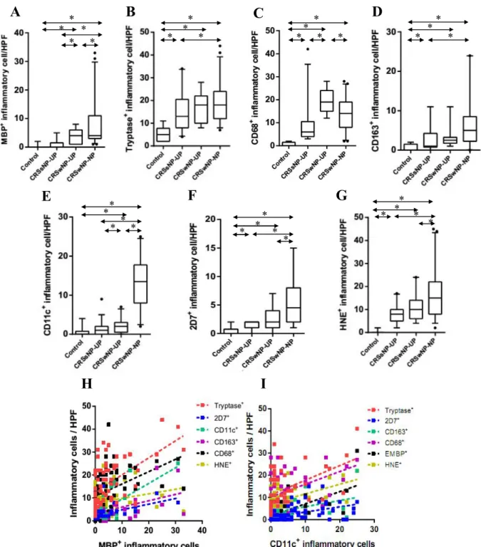 Figure 2. Distribution of innate immune cells in different type of CRS. The number of (A) MBP + (B) tryptase +  (C) CD68 +  (D) CD163 +  (E) CD11c +  (F), 2D7 + (G) HNE +  cells in nasal mucosal tissues  was  compared  according  to  different  types  of  
