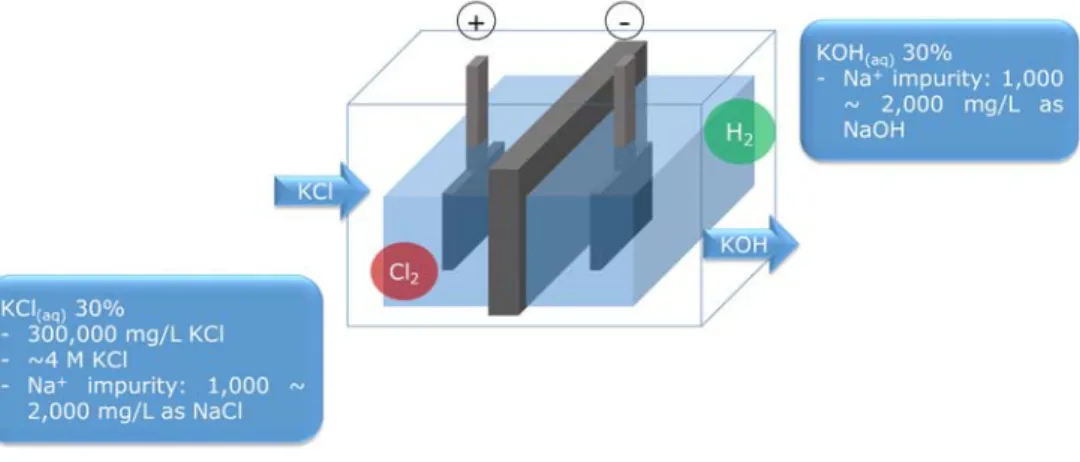 Figure 1. Schematic representation of electrolysis of 300 g/L of KCl  solution for manufacture of KOH in UNID company 