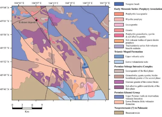 Figure 1.2. Geological map of the Erdenetiin Ovoo porphyry Cu-Mo deposit area  (modified from Gerel &amp; Munkhtsengel, 2005)