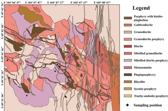 Figure 1.3. Geological map of the open-pit mine in the Erdenetiin Ovoo deposit and  the sampling locations in this study