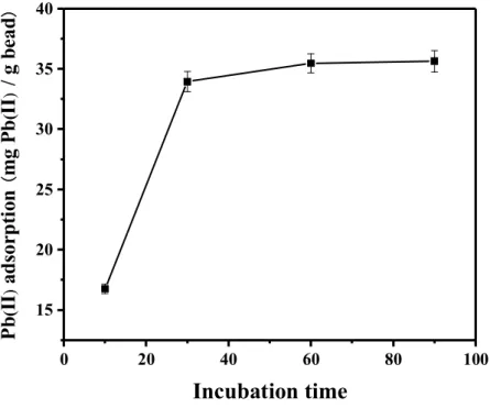 Figure 3-2 Kinetics of Pb 2+ adsorption onto peptide-coated bead 100 μL 100 mg·L -1 peptide incubated with 3 mg bead for 1 hour peptide-binded bead reacted with 5 mL 60 mg·L -1 Pb 2+ from 10 to 90 minutes