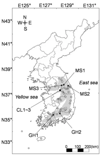 Fig. 1 Study sites (filled circles) and distribution of P. palustris populations  in South Korea based on Plant specimen database offered by Korea National  Arboretum (empty circles)