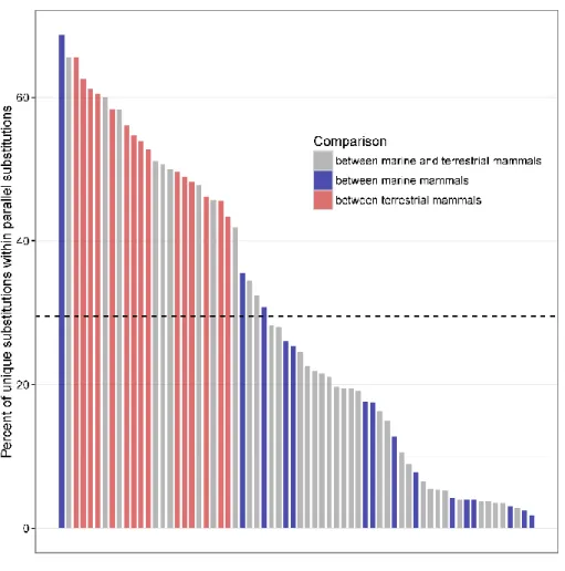 Figure 2.12 Percentage of unique substitutions in parallel substitutions for all  pairwise comparisons among all 12 species in the phylogeny