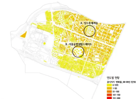 [그림  2-4] 2008~2009년  공시지가  변화율