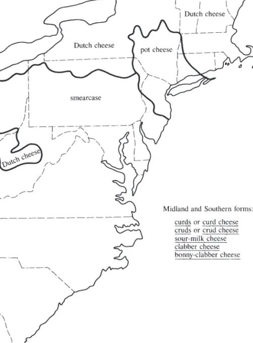 FIGURE 9.1  |  A dialect map showing the isoglosses separating the use of different  words that refer to the same cheese.