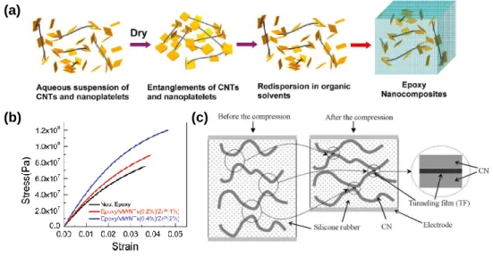 Figure  1.2  (a)  Epoxy  nanocomposite  fabrication  process  with  enhanced tensile properties through CNT addition and (b) its stress–