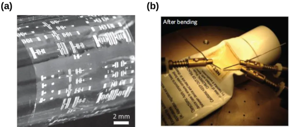 Figure 1.17 (a) Fully printed logic gates on polyimide with SWCNTs  [36]. (b) SWCNT-TFTs that operate on physical deformation of the  substrate [37]