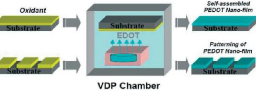 Figure  5.  The  formation  of  self-assembled  PEDOT  nanofilms  and  micro  patterning  by  using  the  vapour  deposition  polymerization  technique [28].