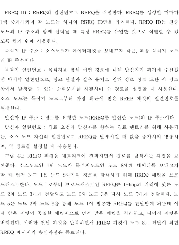 그림  4는  RREQ  패킷을  네트워크에  전파하면서  경로를  탐색하는  과정을  보 여준다.  소스노드인  1번  노드가  목적지노드인  노드  8에게  데이터를  보내고자  할  때  먼저  노드  1은  노드  8까지의  경로를  탐색하기  위해  RREQ  패킷을  브로 드캐스트한다