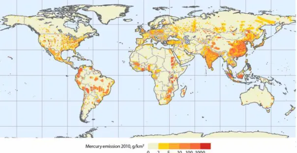 Fig. 2-2. Global distribution of anthropogenic mercury emissions to air in 2010  (UNEP 2013).