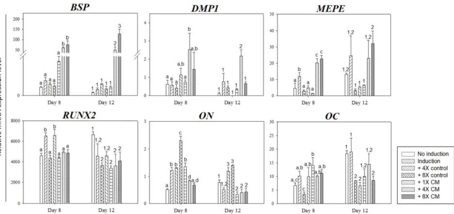 Figure 3. Relative gene expression of differentiated SHED in vitro. The SHED was treated with induction medium supplemented with  different concentrations of HERS/ERM conditioned medium (CM) for 8 and 12 days, where the value of 1X represents the addition 
