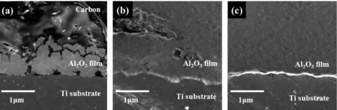 Figure 2.6 Al 2 O 3 film  deposited  on  Ti substrate  according  to  film  surface current density of (a) -19.66 nA/mm 2 , (b) -159.34 nA/mm 2 ,  and (c) -1466.18 nA/mm 2 .