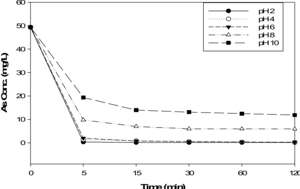 Fig. 5. Effect of solution pH on As(Ⅴ) removal by the ion exchange fiber(KC31). 