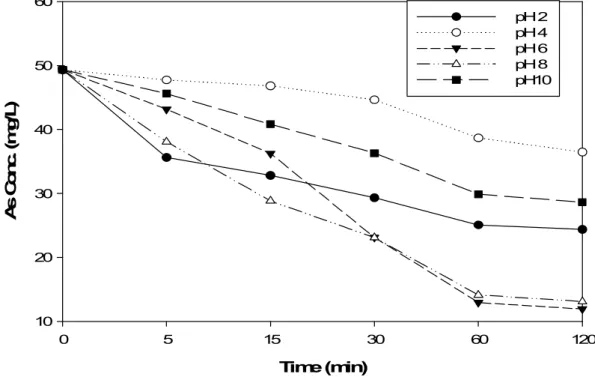 Fig. 7. Effect of solution pH on As(Ⅴ) removal by the ion exchange fiber(SA2).  