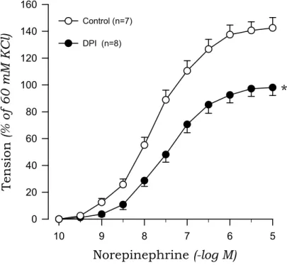 Fig. 8. Effects of diphenyleneiodonium (DPI) on concentration-response curves to norepinephrine in aortic rings with endothelium from 2K1C rats