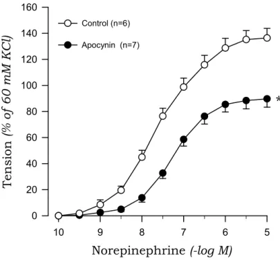 Fig. 10. Effects of apocynin on concentration-response curves to norepinephrine in aortic rings with endothelium from 2K1C rats