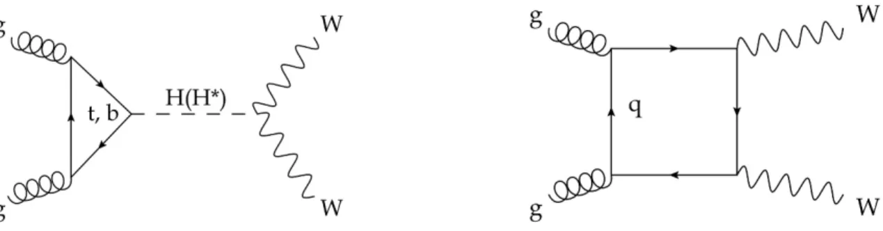 Figure 1. Feynman diagrams for the GF channel: (left) for the signal process gg → H(H ∗ ) → W + W − , and (right) for the GF-initiated continuum background process gg → W + W − 