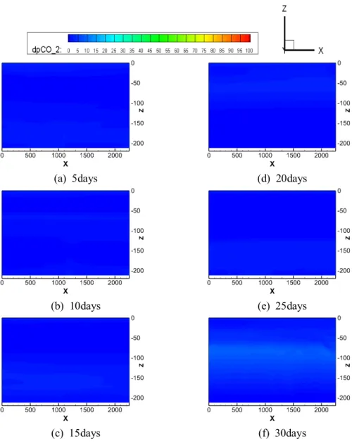 Fig.  A.3-2 Contour  maps  of  Δ pCO 2  including  leakage  point  in  xz-plane(y=  1,125m)  in  small-scale  region 