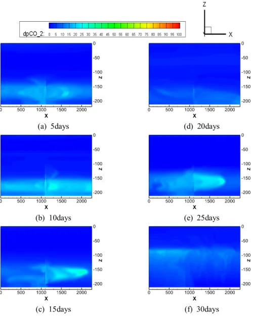 Fig.  A.3-6 Contour  maps  of  Δ pCO 2  including  leakage  point  in  xz-plane(y=  1,125m)  in  small-scale  region 