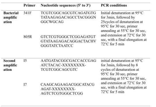 Table 2. PCR amplification conditions and primer sequence for bacterial  DNA amplification