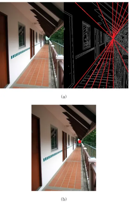 Figure 1. Vanishing-point. (a) Image with vanishing-point, (b) lines in the image, (c) Vanishing-point.