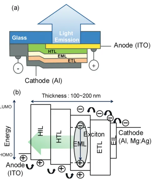 Figure 1.2  (a) The  basic architecture of a typical bottom emitting OLED. (b) The  schematic physical processes in a multi-layered OLED