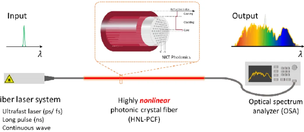 Fig. 1.4.1 Scheme of SCG via highly nonlinear PCF (the incet is from Ref. [23]) 