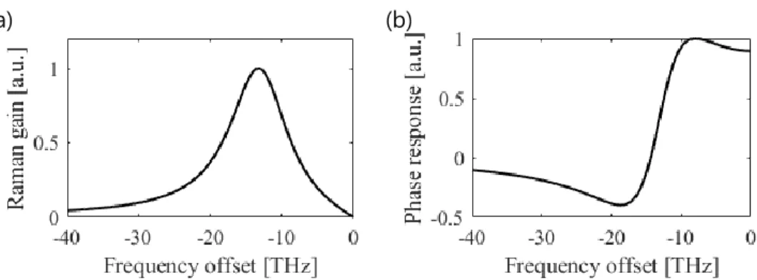 Fig. 2.1.2. (a) Raman gain spectrum and (b) phase response obtained by Eq. (2.1.9)