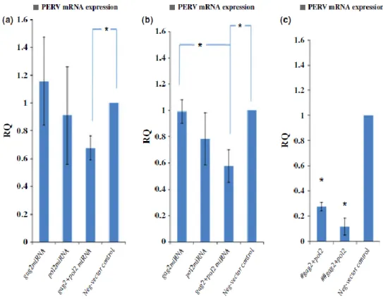 Figure 11.  Suppression efficiency among miRNAs targeting different sites (a) gag, (b)  pol, and (c) after transfection, selected blasticidin-resistant colonies; gag2-pol2 miRNAs  (#) targeting gag region, (##) targeting pol region