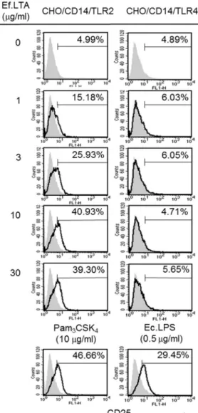 Figure  8.  Activation  of  TLR2  by  E.  faecalis  LTA.  (A)  CHO/CD14/TLR2  or  CHO/CD14/TLR4 cells were treated with E