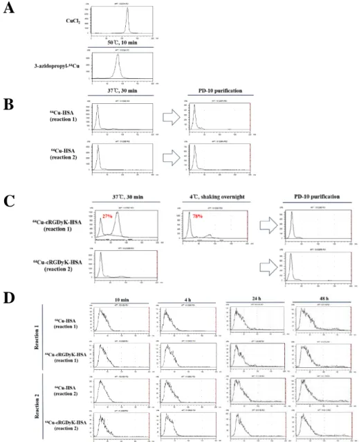 Figure 2. Labeling efficiency and stability of  64 Cu-HSA  and  -cRGDyK-