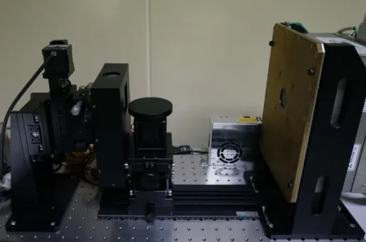 Figure 4. Photograph of the developed multi-energy CT system consisting of a  photon-counting detector, a movable rotational stage, and an X-ray tube