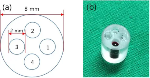 Figure  9.  (a)  A  schematic  drawing  of  the  phantom  8-mm  in  diameter  with  four  holes  2-mm  in  diameter  containing  four  materials