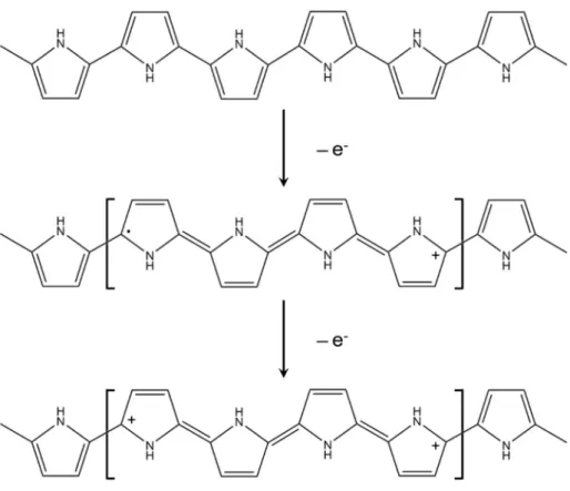 Figure 5.  Chemical structures of (a) neutral, (b) polaron in partially doped, and (c) bipolaron in fully doped polypyrrole.