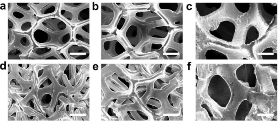 Figure 2.7. SEM images of (a-c) pristine Cu 3, 5, and 6 and (d-f) compressed Cu  3, 5, and 6