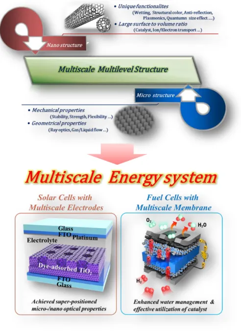 Figure 1-1.    Brief introduction of the effects of multiscale structures which  consist of nano-/micro-structures  and its applications for improved optical  properties of solar cells and high performance fuel cells   