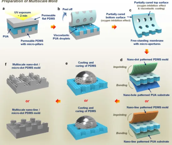 Figure 2-1.  Schematic illustration describing the procedure for preparation  of  multilevel  multiscale PDMS molds by multiplex lithography and  replication.