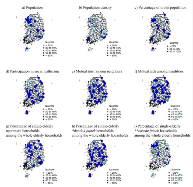 Figure  3-1.  Geographical  distribution  of  urbanization/social  isolation  indicators  in  South  Korea.