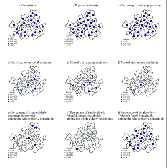 Figure  3-2.  Geographical  distribution  of  urbanization/social  isolation  indicators  in  Seoul  city.