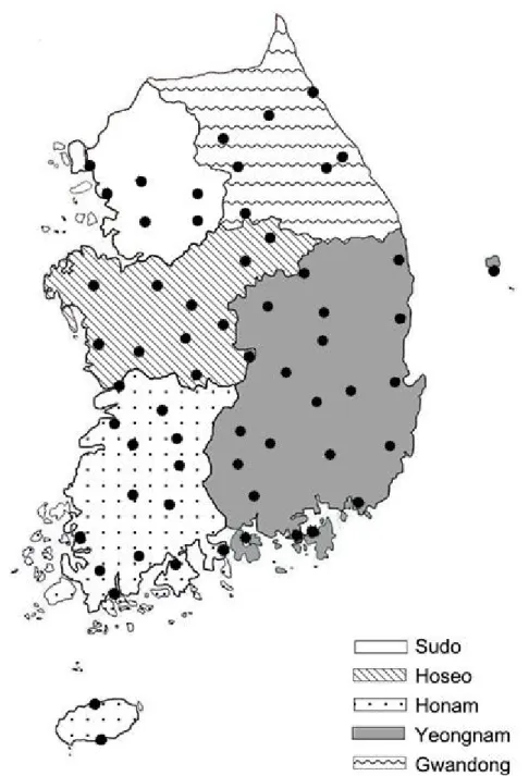 Figure 1. Five classified areas of the Republic of Korea. Dots indicate locations of  60 weather stations recording wind and rainfall.