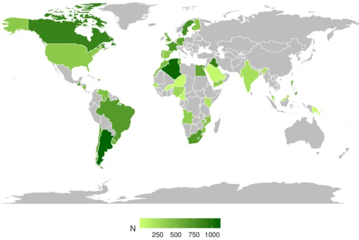 Fig 1. Distribution of study participants around the world. The study obtained responses from 18,407 participants from 40 countries.